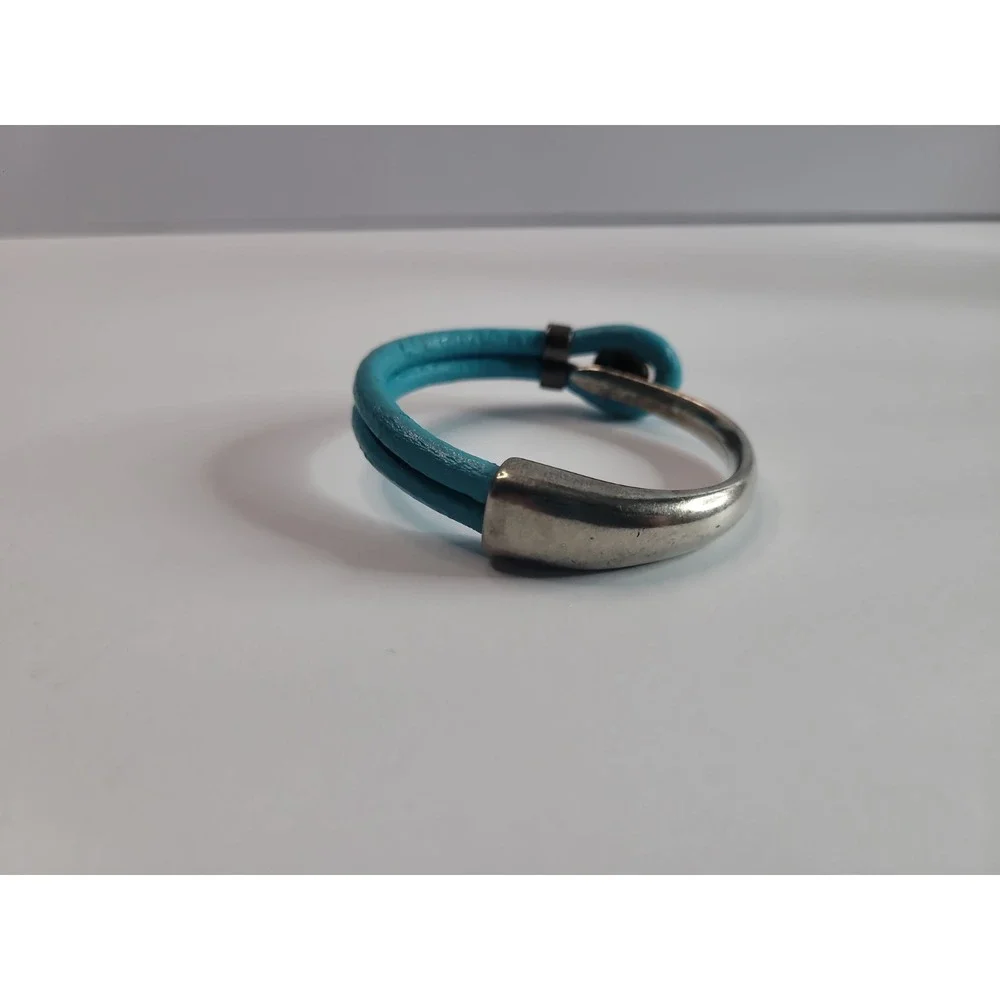 Blue Faux Leather Silver Tone Mixed Media Cuff Bracelet Modern Statement Jewelry